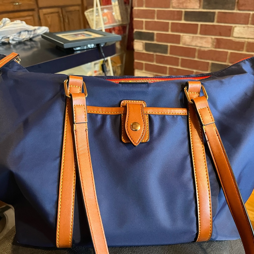 Navy Blue Tote Bag with Tan Straps
